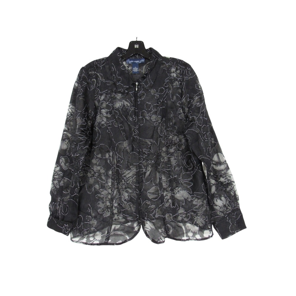 SUSAN GRAVER QVC Black SEMI-SHEER FLORAL Full Zip LINEN BLEND Shirt/Top Sz M